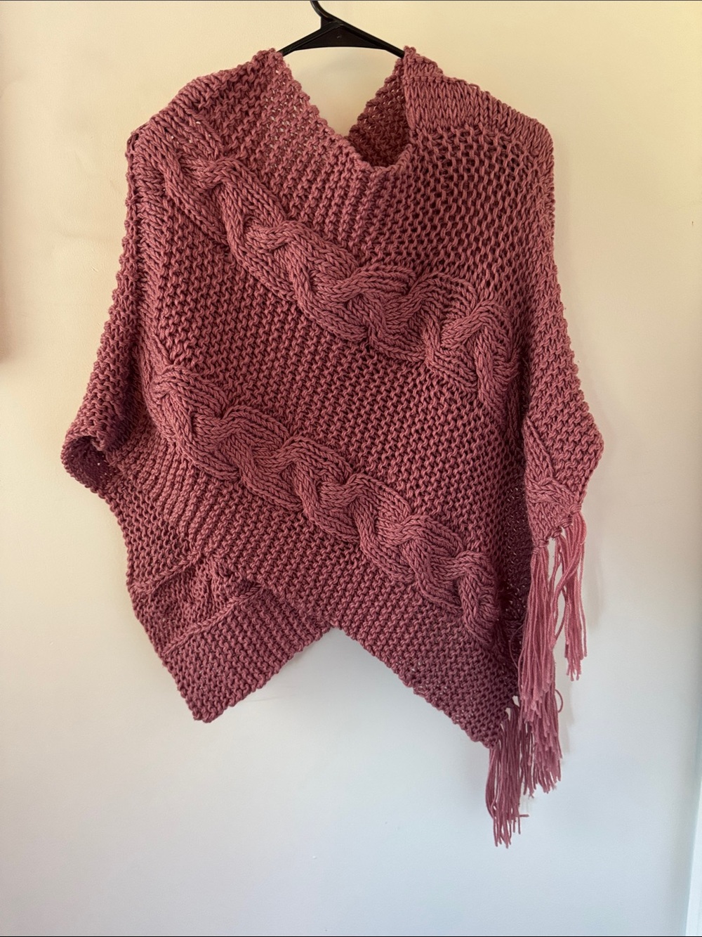 Chunky Cable Knit Fringe Poncho Sweater - Rose